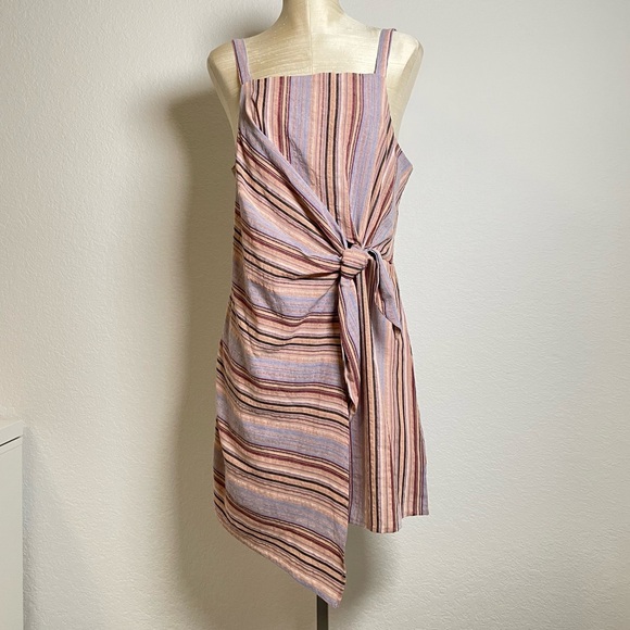 Pinch Tie Front Sleeveless Mini Summer Dress in Multi Purple Stripes Size Large - Picture 2 of 12